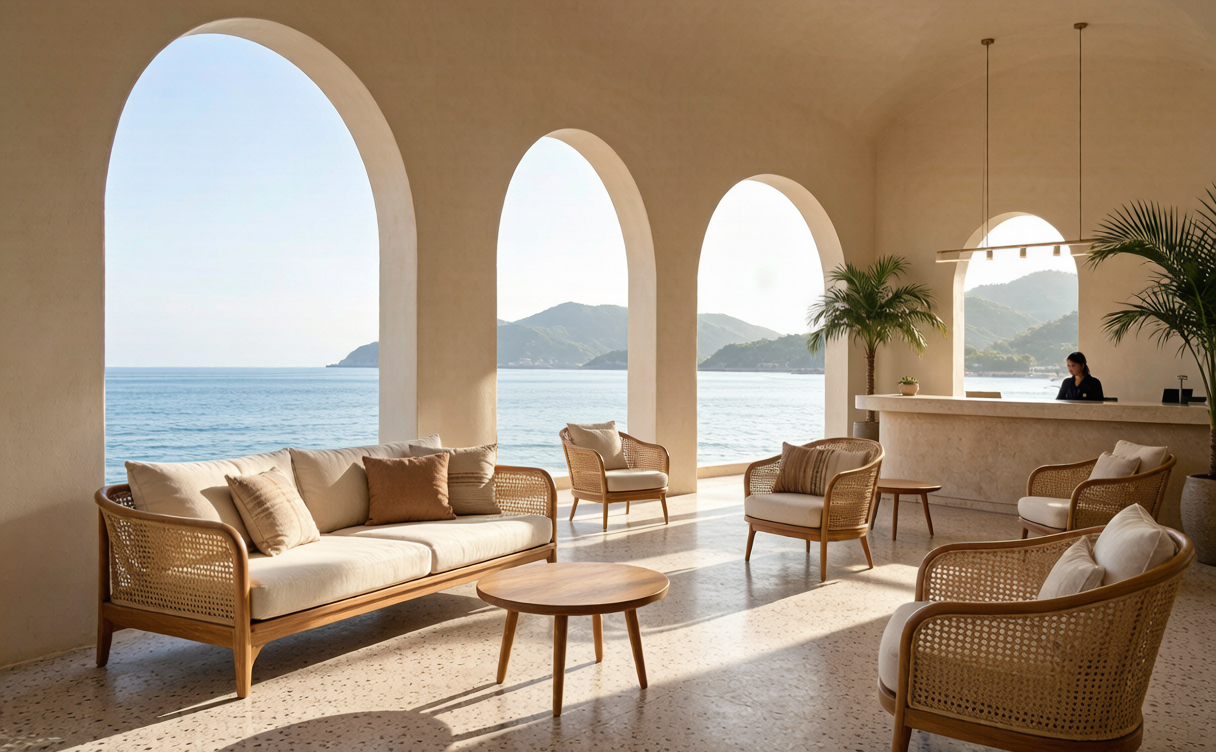 Breezy open-air hotel lobby with rattan furniture and sea view arches in Sanya