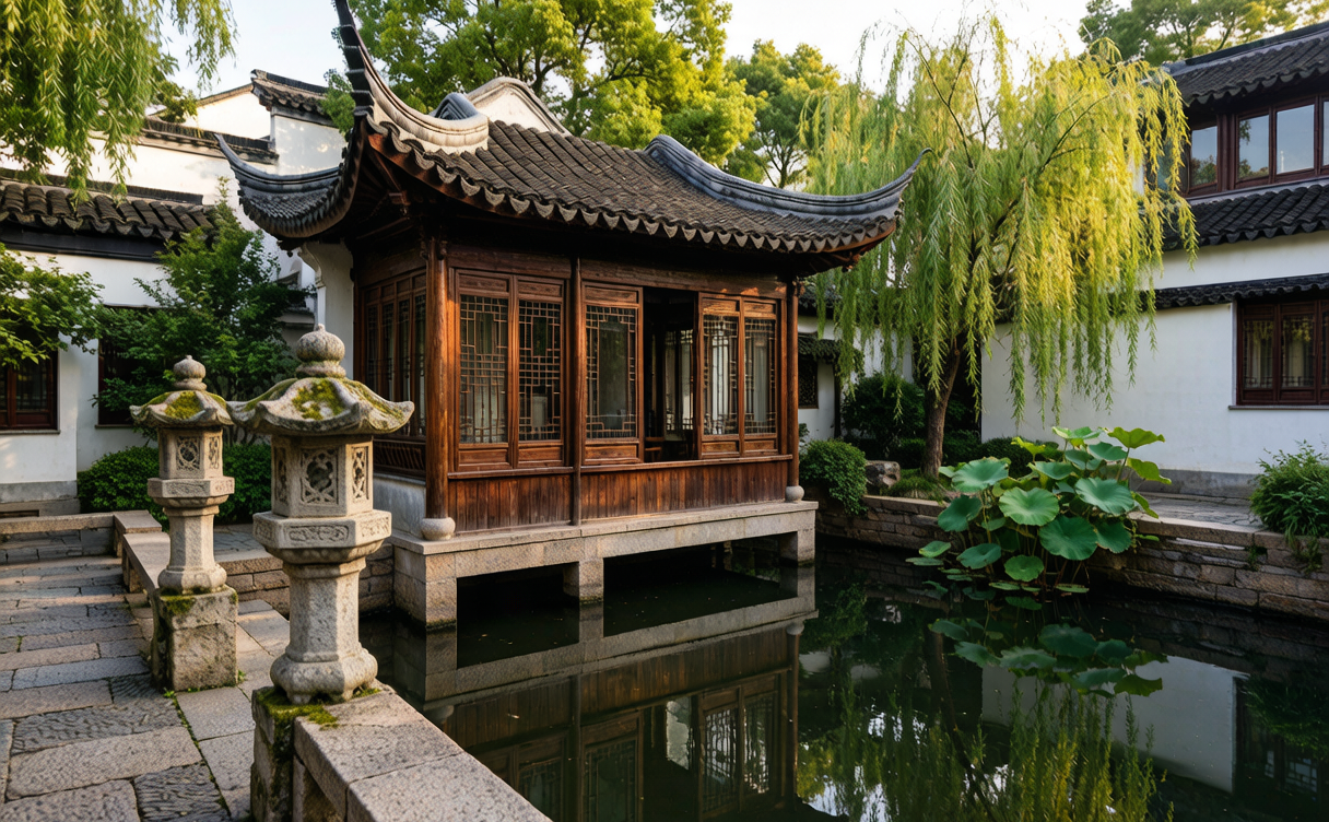Courtyard garden hotel in Suzhou with moon gate and pond