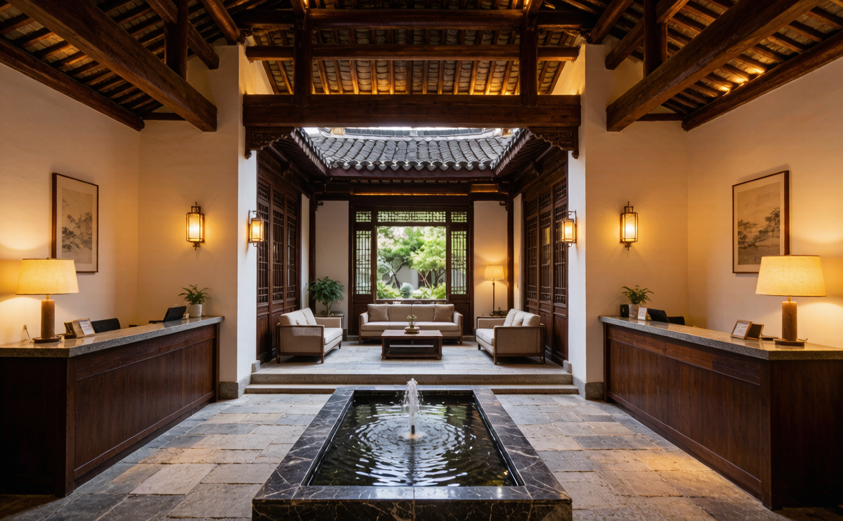 courtyard hotel lobby with timber beams and stone floor in Xi'an