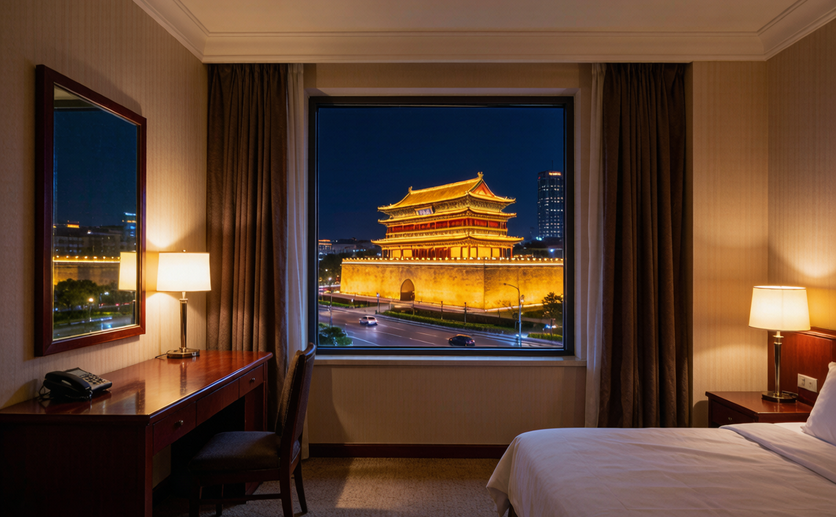 quiet hotel room window framing the lit city wall at night in Xi'an