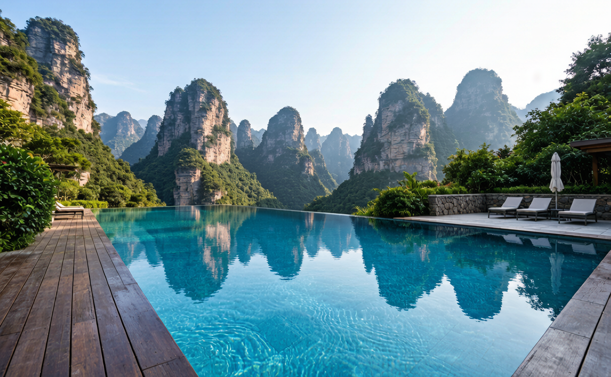 Hotel terrace in Wulingyuan, Zhangjiajie with a view of the sandstone peak forest