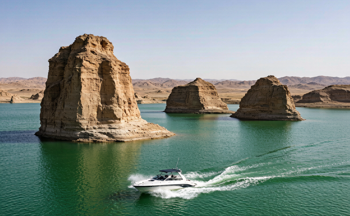 Bingling Temple grottoes guide - speedboat crossing the Liujiaxia Reservoir to the caves