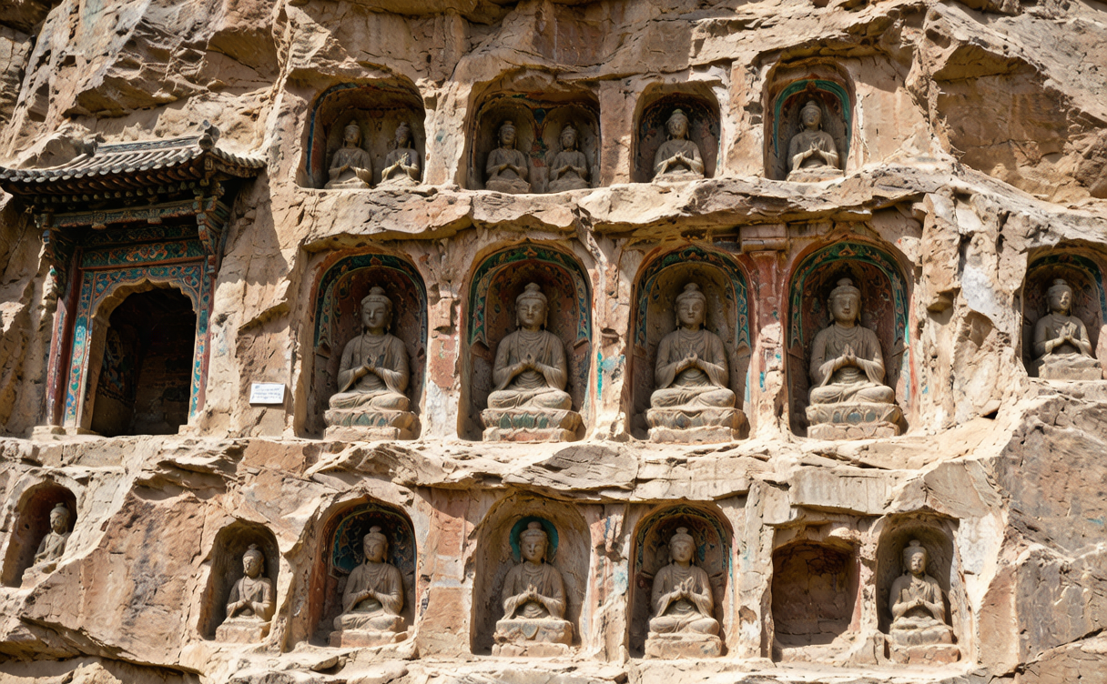 Bingling Temple grottoes guide - rows of small carved Buddha figures in painted niches