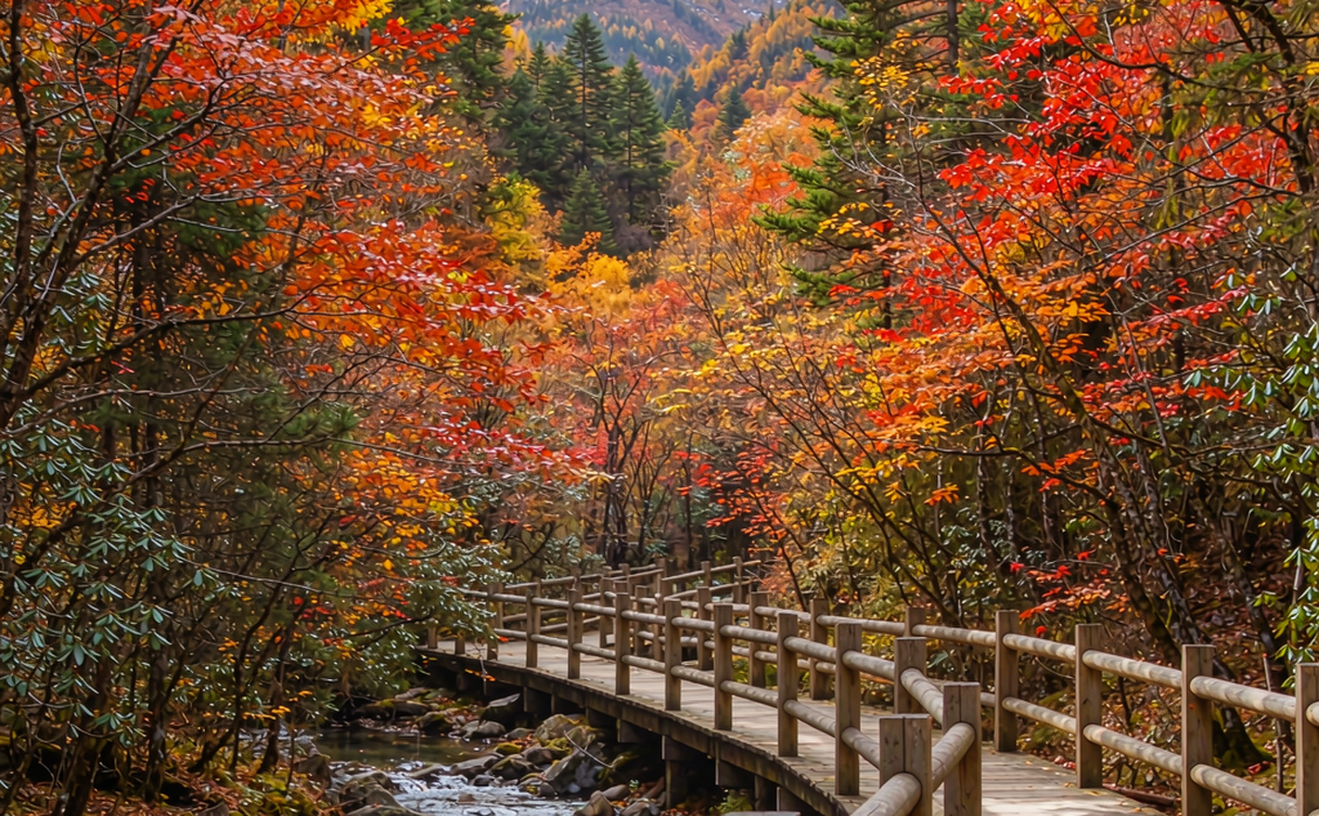 Bipenggou alpine lake with red autumn ivy and snow mountain