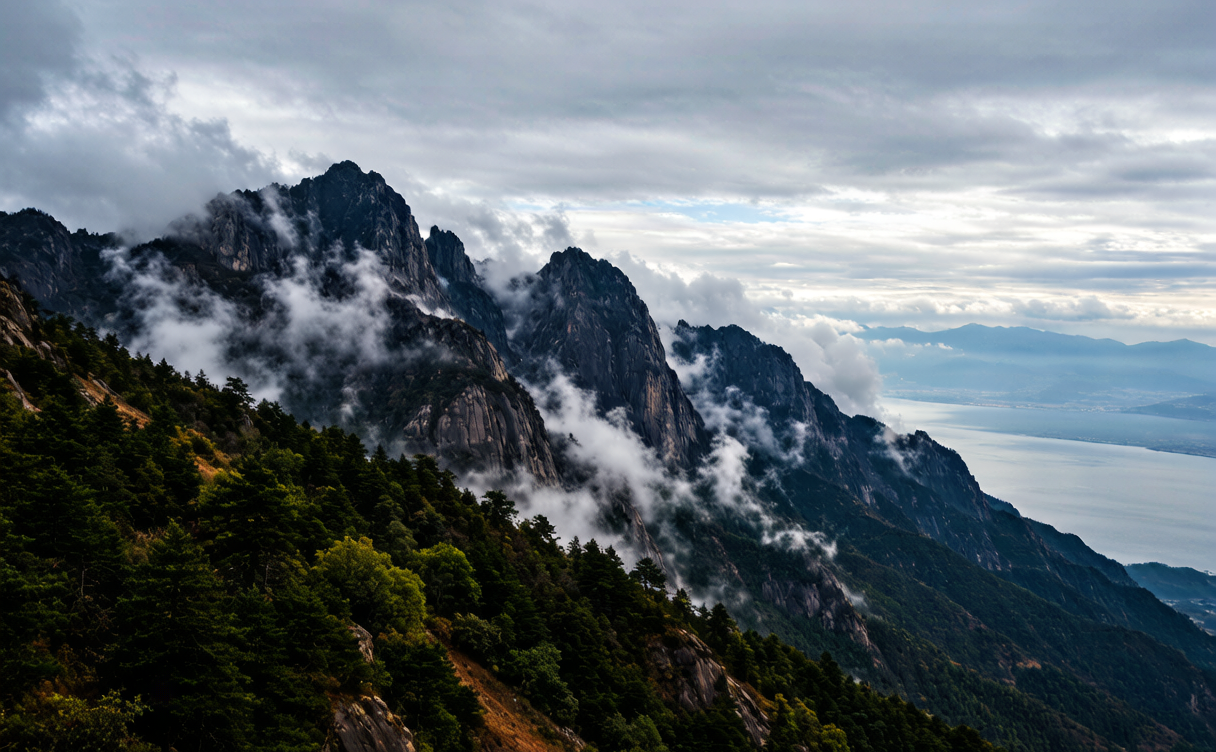 Cangshan Mountain's marble peaks and snow ridges overlooking Erhai Lake in Dali, Yunnan