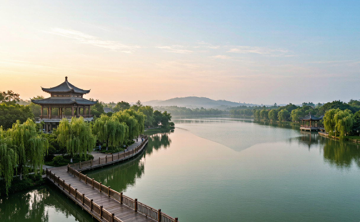 Peach blossom trees and bridge at Taohuayuan near Changde