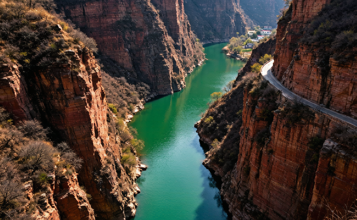 Emerald river winding through red cliffs in the Taihang Grand Canyon near Changzhi, Shanxi