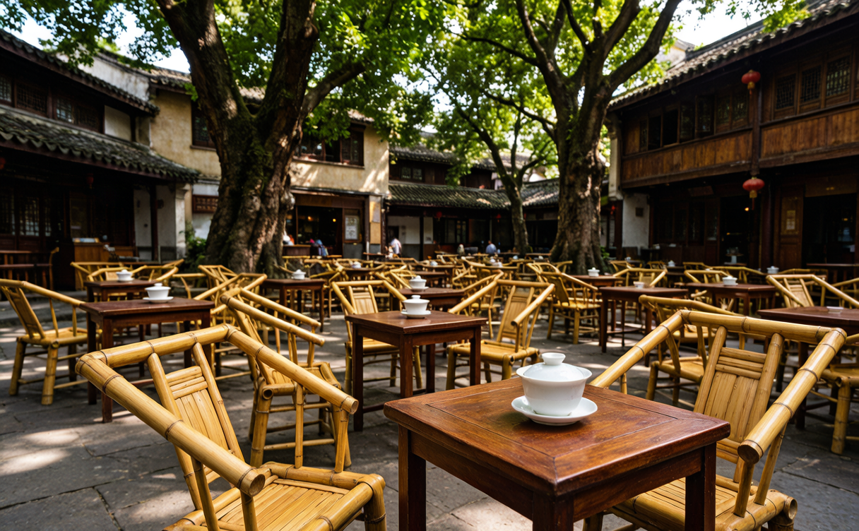 Chengdu food guide - traditional teahouse with bamboo chairs and covered tea cups in Chengdu, China