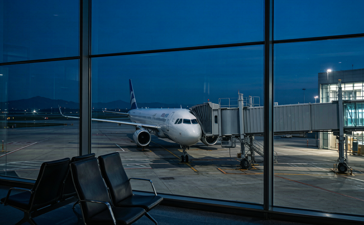 China airport transit hotels - terminal window at night with parked aircraft