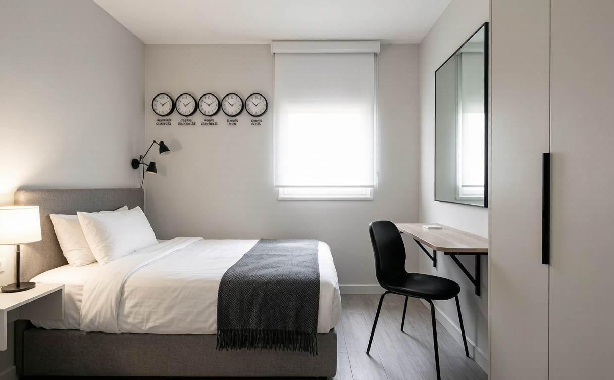 Compact China airport transit hotel room with bed and world clock