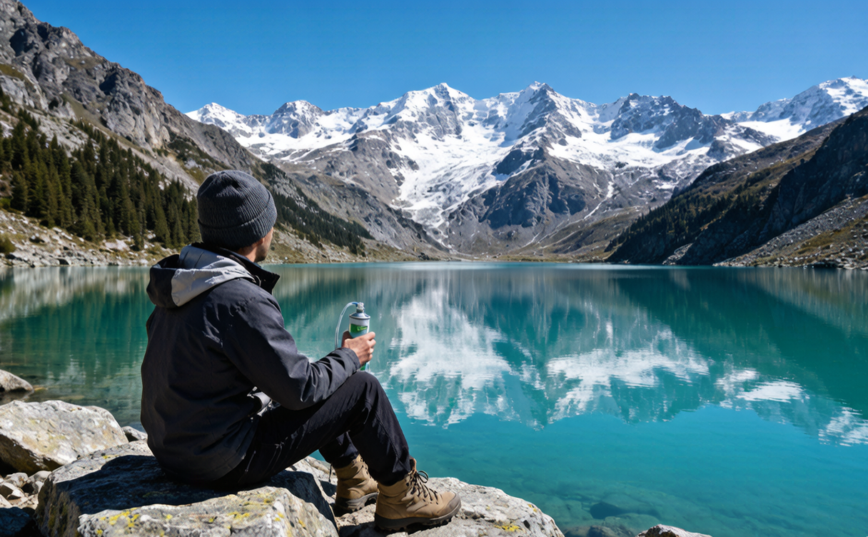 Travelers resting at plateau viewpoint with prayer flags in China