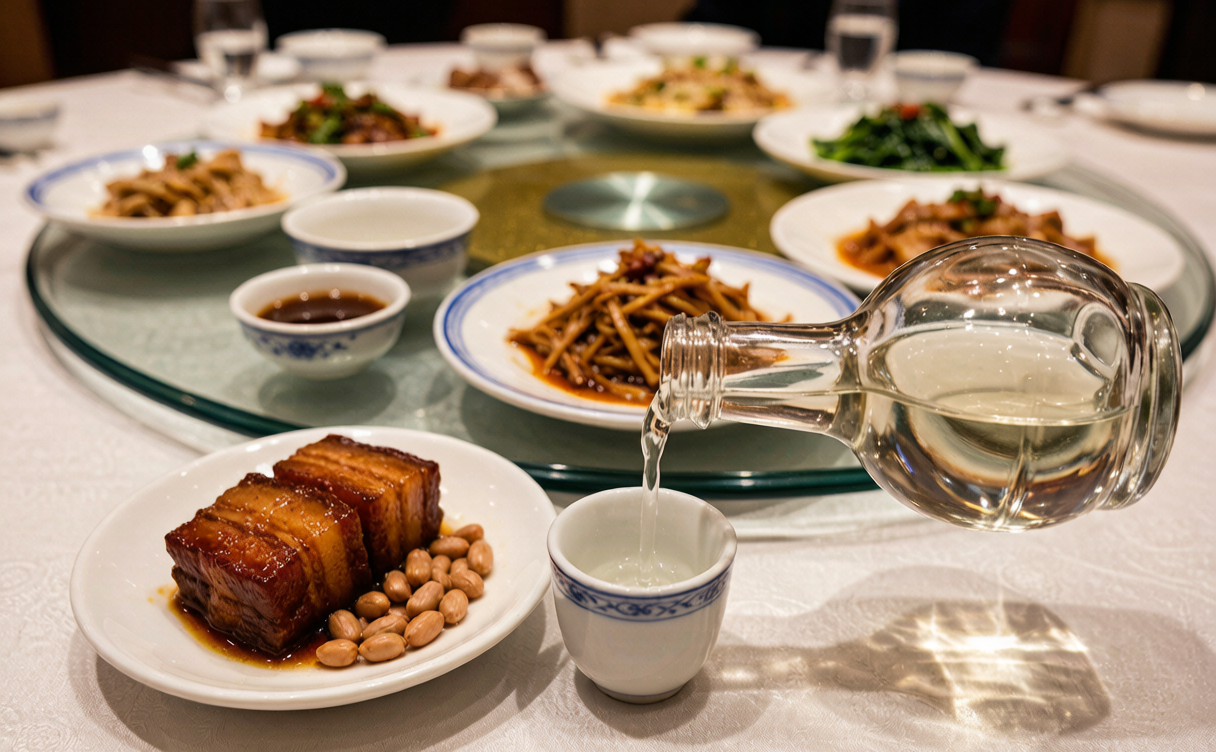 Baijiu poured into a porcelain cup beside braised pork