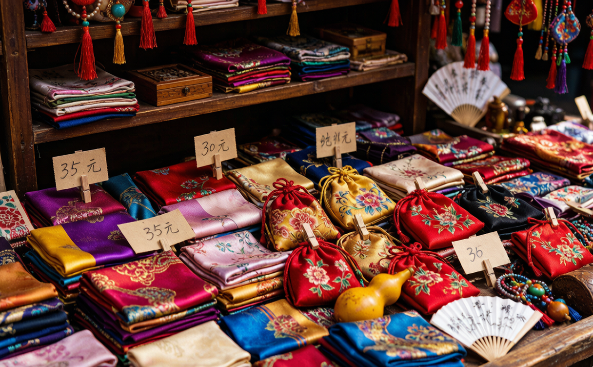 Open-air Chinese tourist market with silk scarves and souvenirs