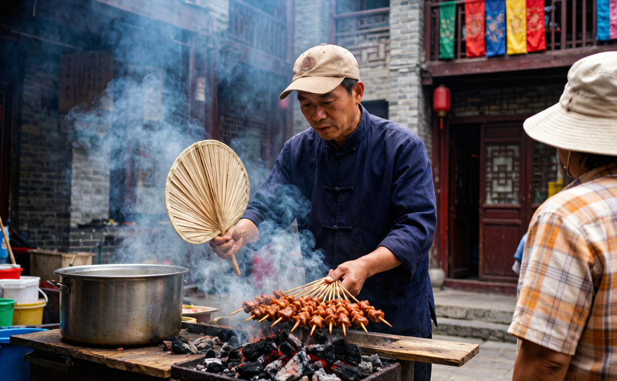China BBQ skewers guide - vendor grilling cumin lamb skewers over charcoal at a night stall
