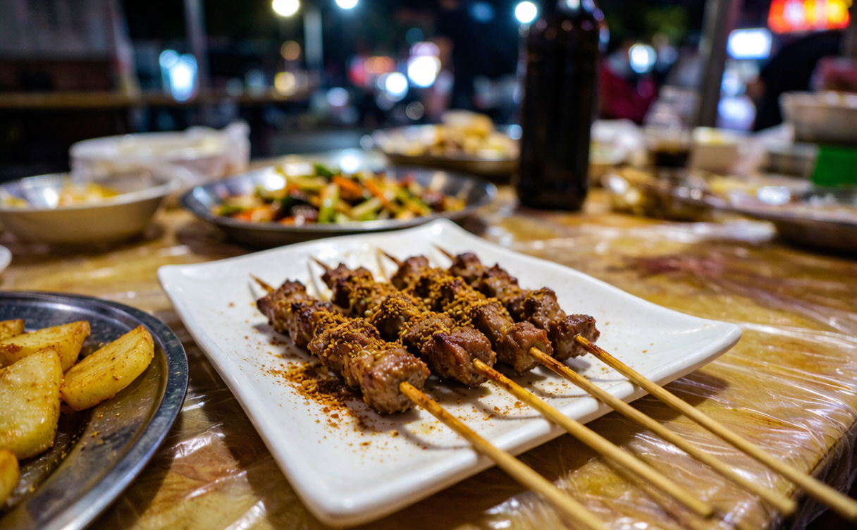 China BBQ skewers guide - plate of cumin lamb skewers at a roadside barbecue table