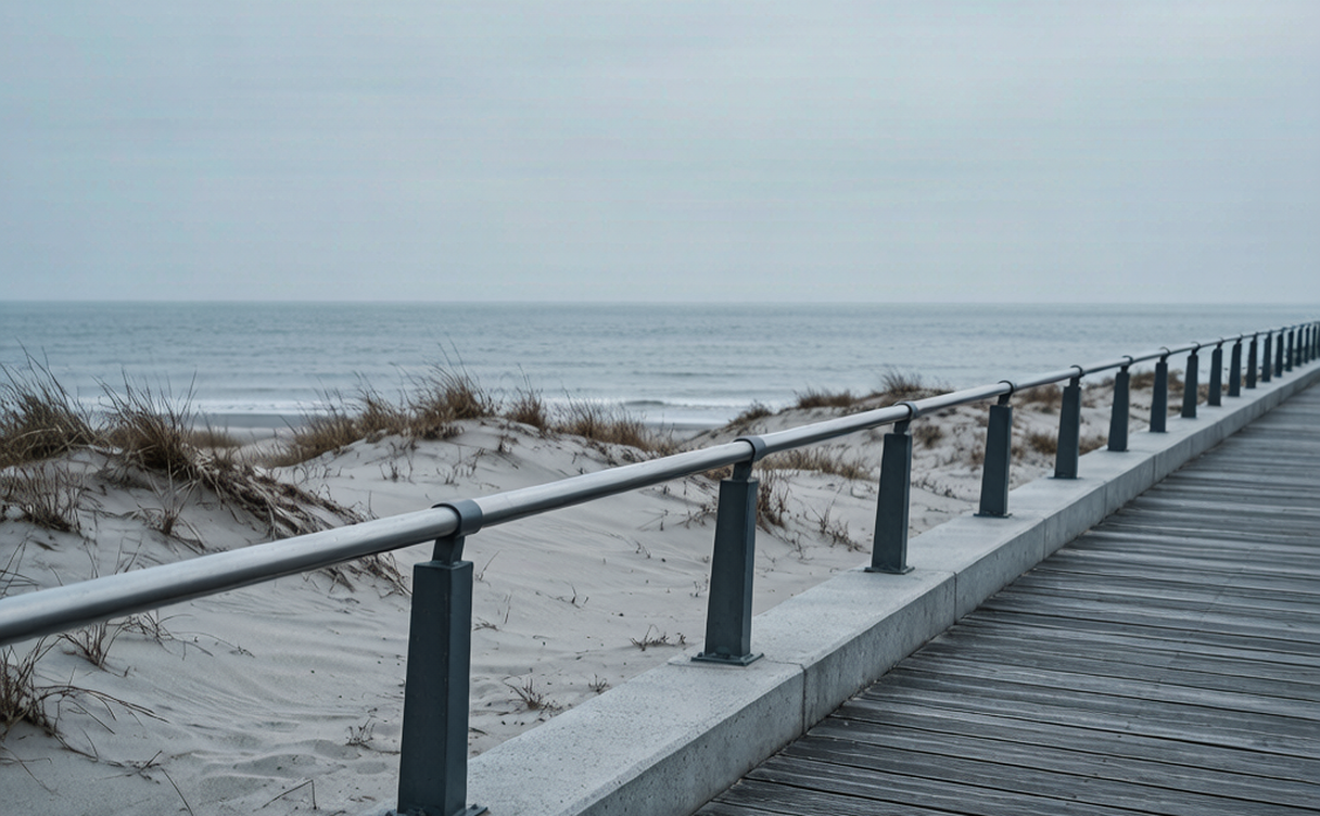 Qingdao Shandong China coastal boardwalk with railings and low dunes under grey sky