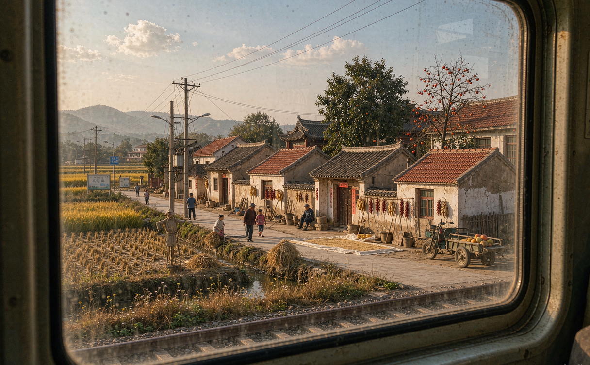 high-speed train past riverside town China