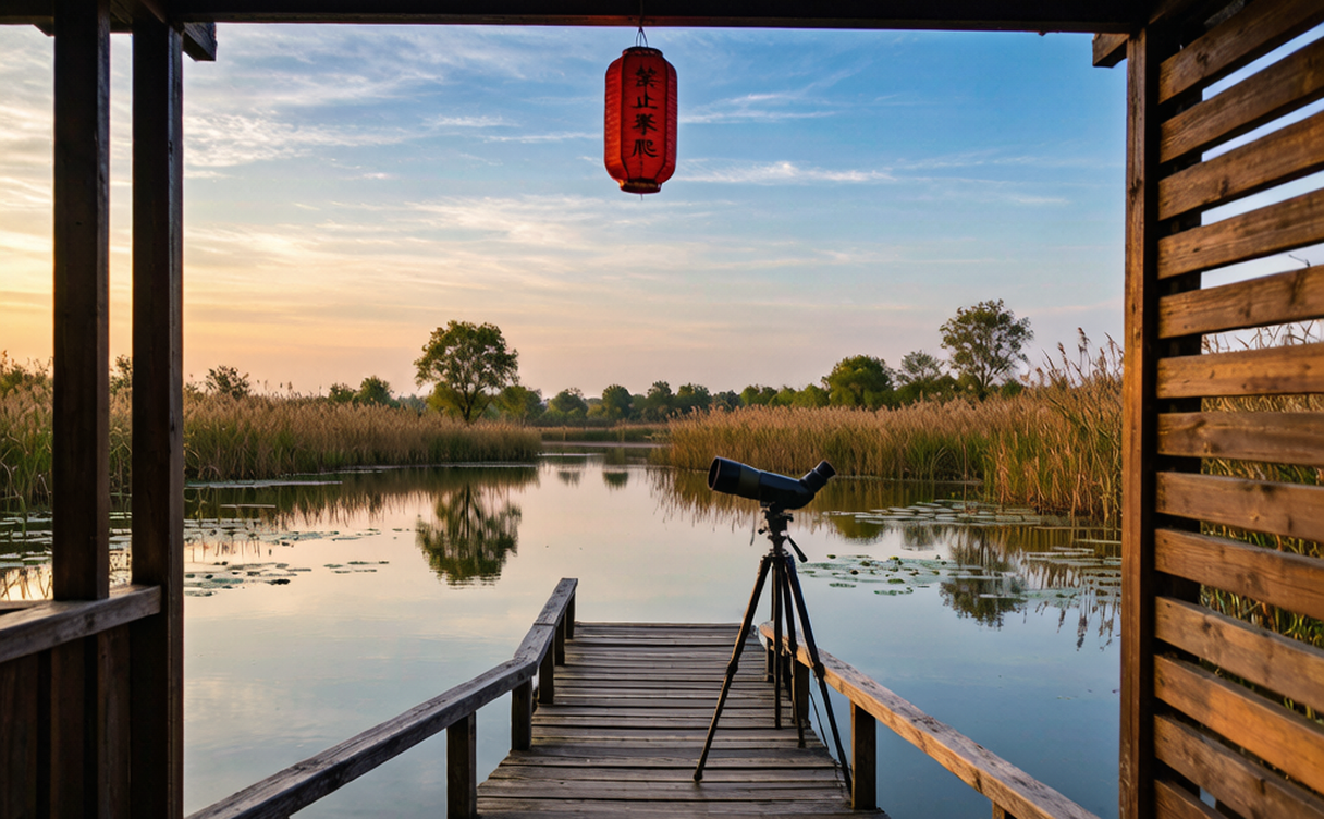Poyang Lake wetland in China at sunrise with scattered waterbirds and reed islands