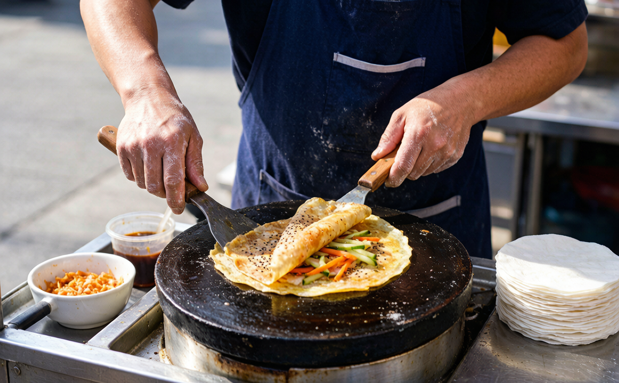 Chinese breakfast guide - vendor making a jianbing pancake at a morning street stall