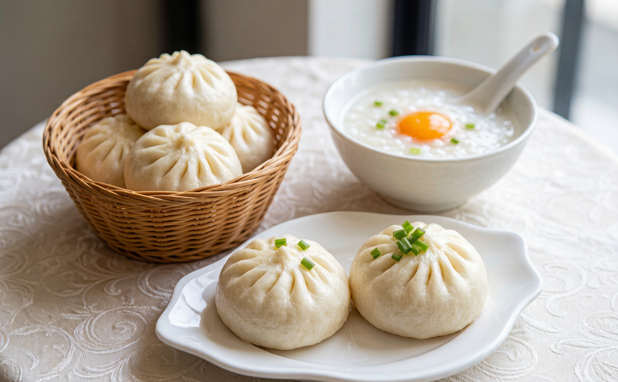 Chinese breakfast guide - steamed buns and congee served at a local breakfast shop