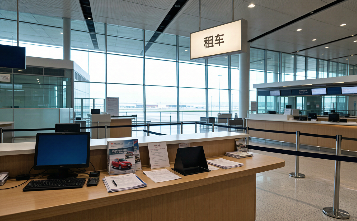 Renting a car in China - rental counter and paperwork in an airport arrivals hall, China