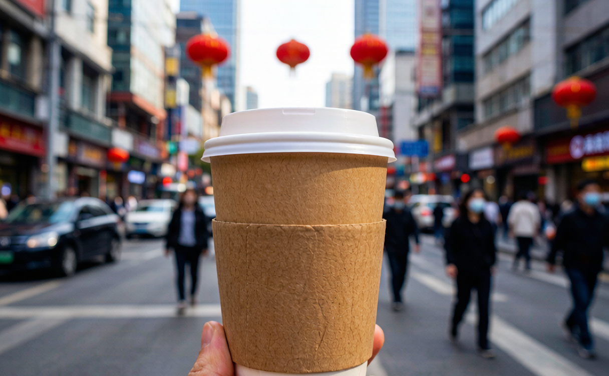 China coffee culture guide - takeaway coffee on a busy street in urban China