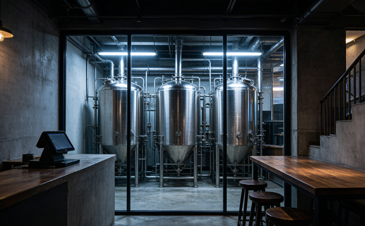 stainless steel brewing tanks behind glass in a small urban taproom