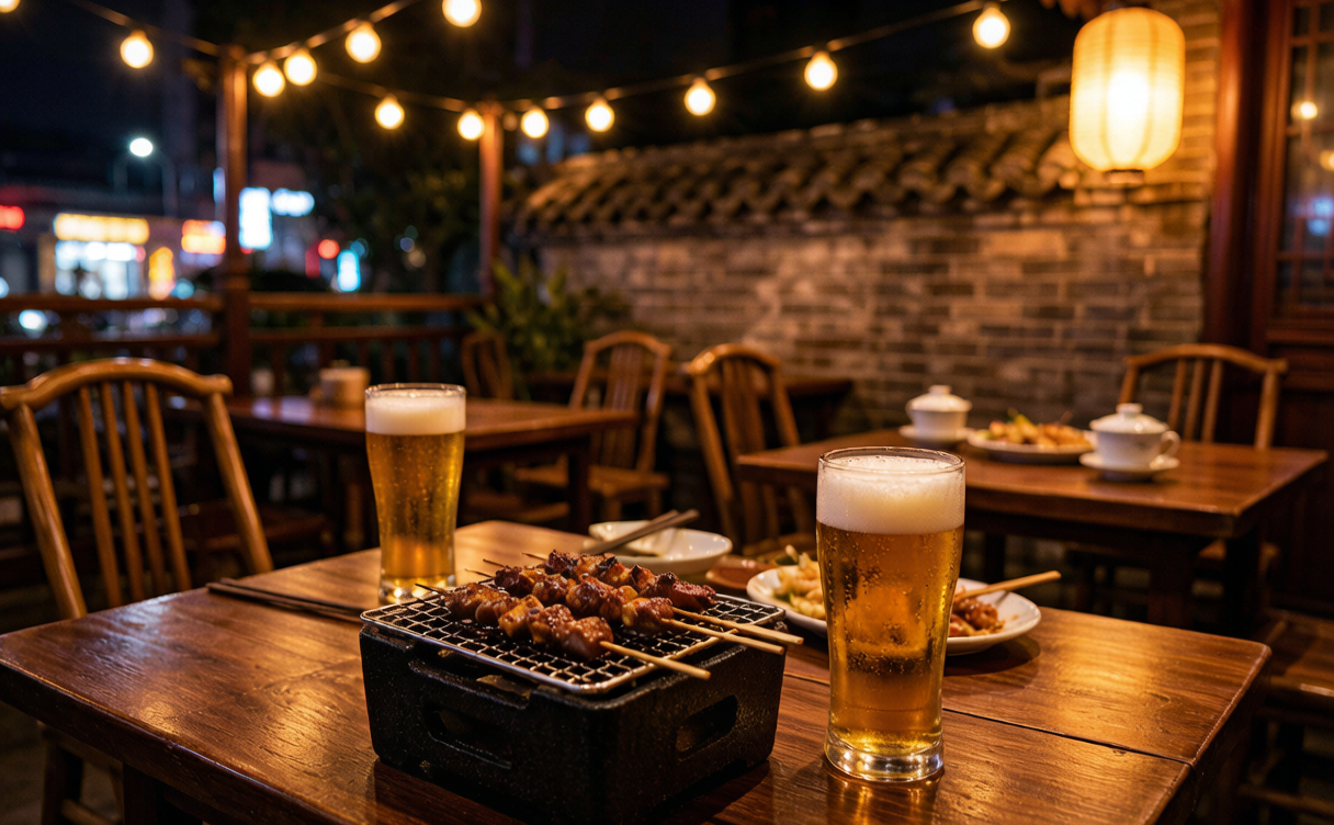 outdoor terrace with beer glasses and grilled skewers at night under string lights