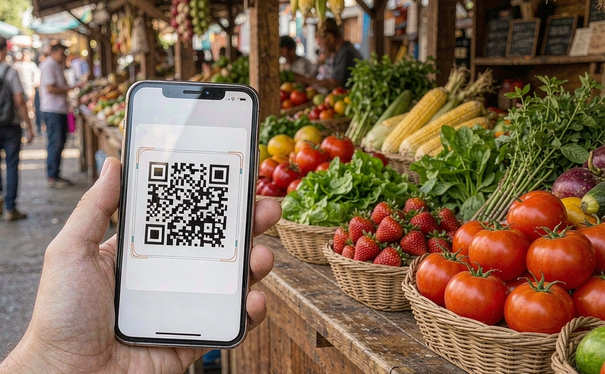 Traveler scanning a QR code to pay with Alipay at a market stall in China