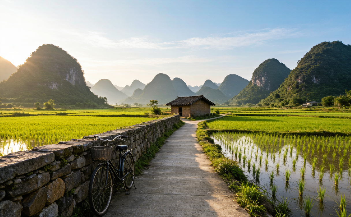 Rural lane between karst hills and rice paddies with a bicycle propped against a stone wall in Guangxi