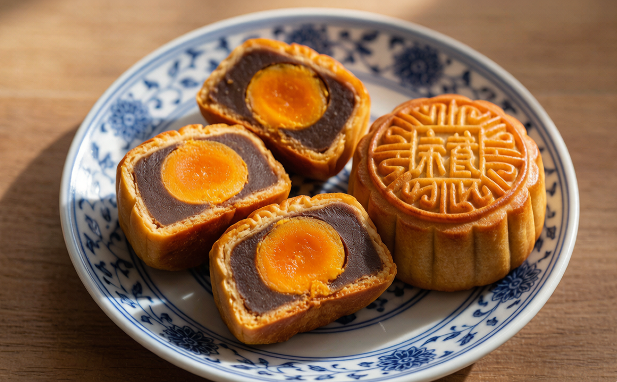 Golden fried sesame balls next to clear osmanthus jelly dessert