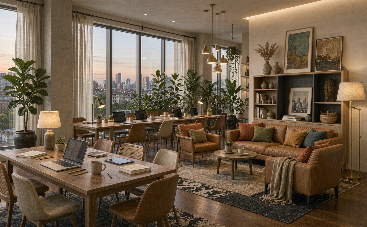 Co-working lounge with city view and remote workers in China