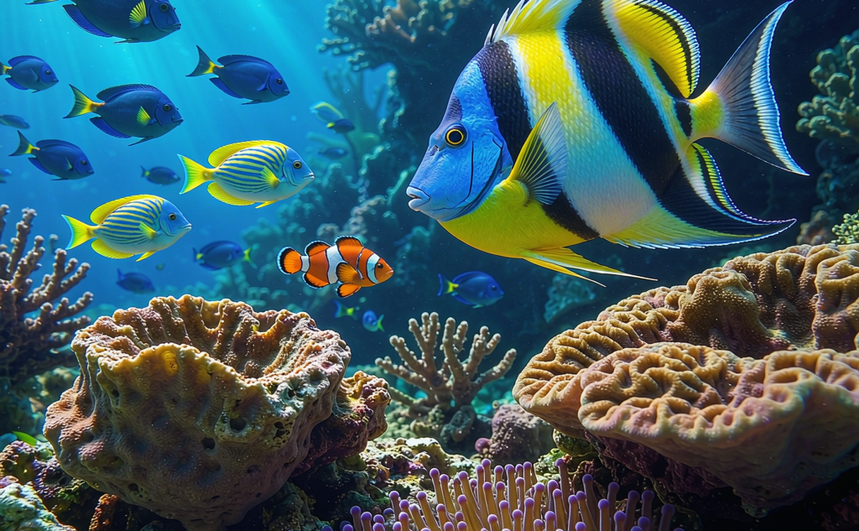 Snorkeler over a shallow coral garden in clear water