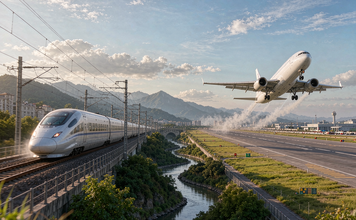 Comparison scene of a bullet train and a plane for China trip planning