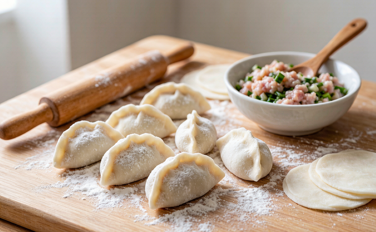 Chinese dumpling guide - hands pleating half-moon jiaozi dumplings on a floured board in China