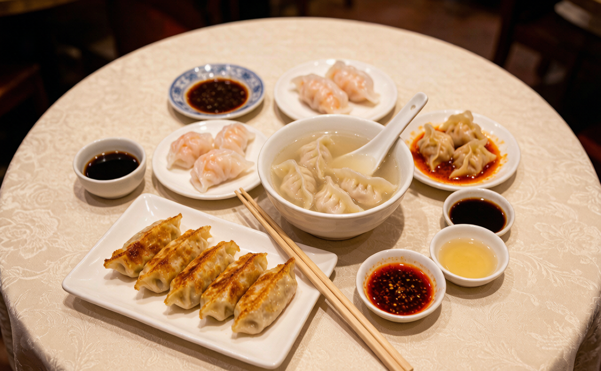 Chinese dumpling guide - spread of boiled and pan-fried dumplings with vinegar and chili dipping sauces in China