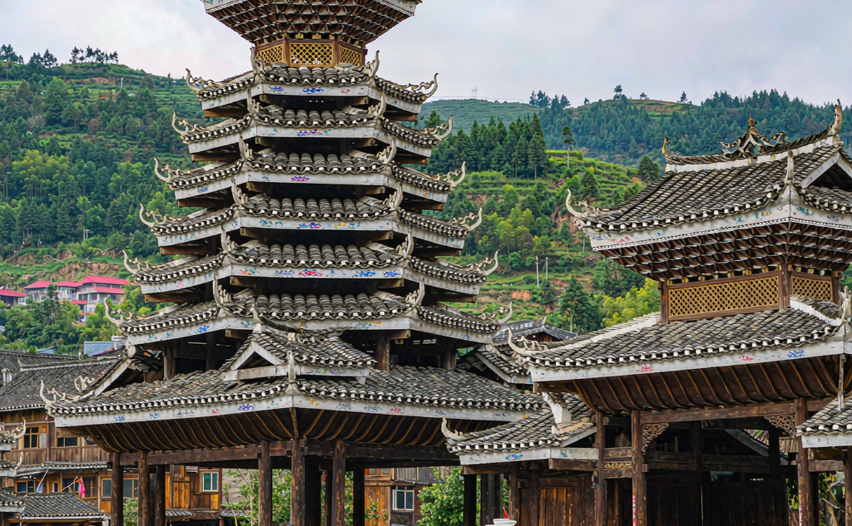 Miao village stilted houses on a hillside in Guizhou