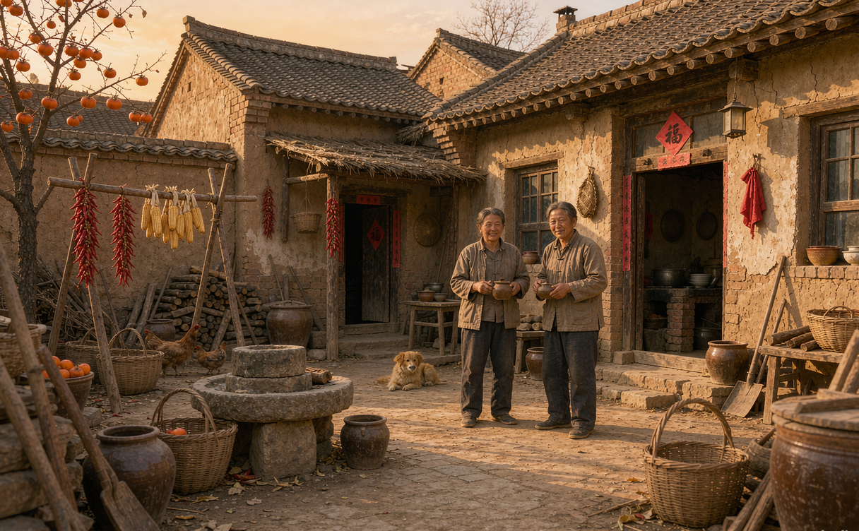 Chinese village courtyard drying chilies