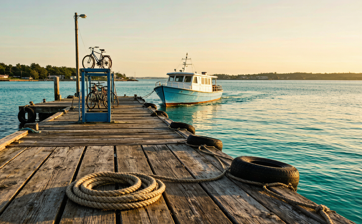 High-speed passenger ferry approaching a small Chinese island pier at dawn