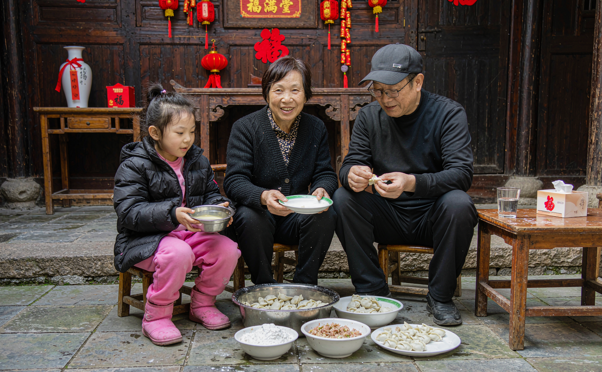 family folding Chinese New Year dumplings