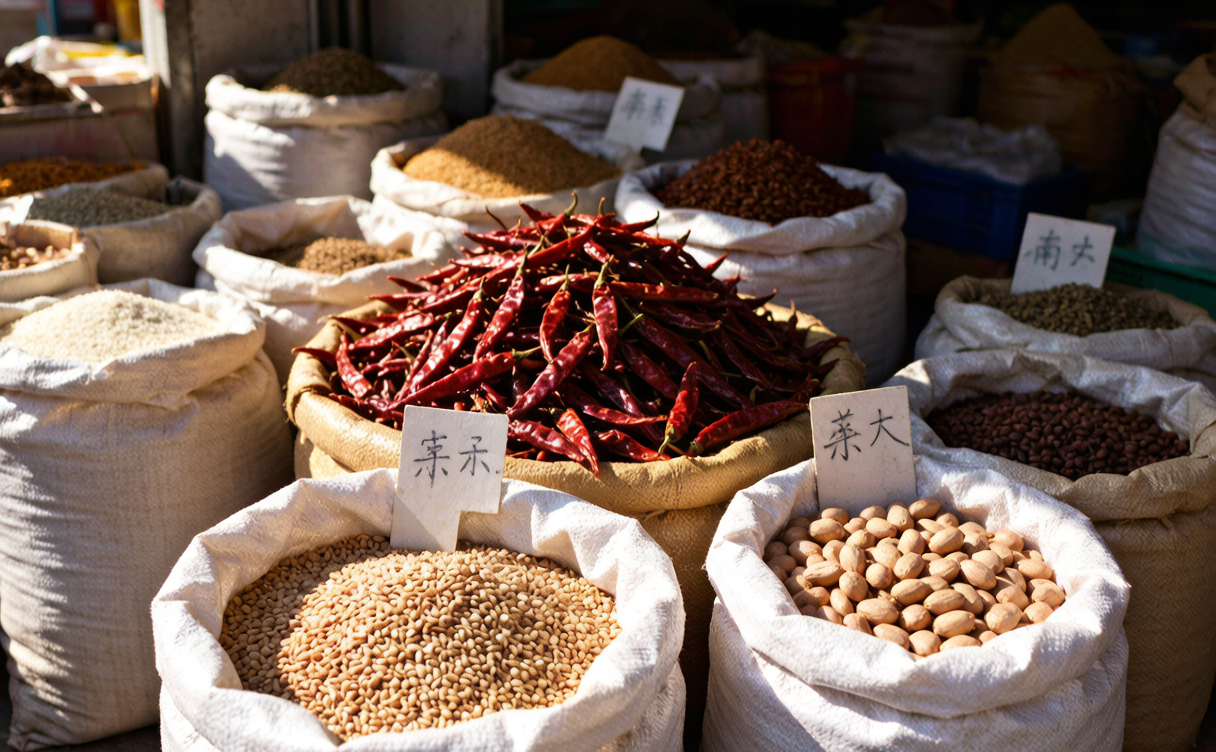 Market stall of loose spices dried chillies sesame and peanuts in open sacks in China