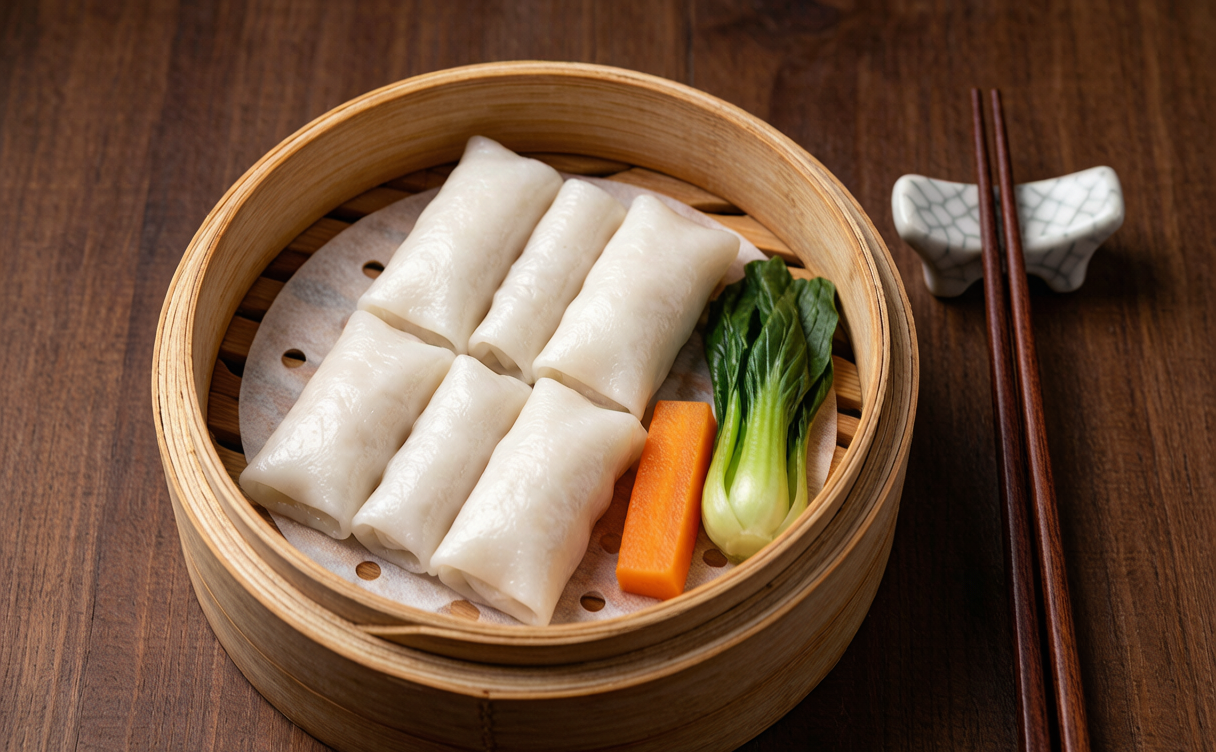 Steamer of plain rice rolls and boiled vegetables with chopsticks on a ceramic stand in China