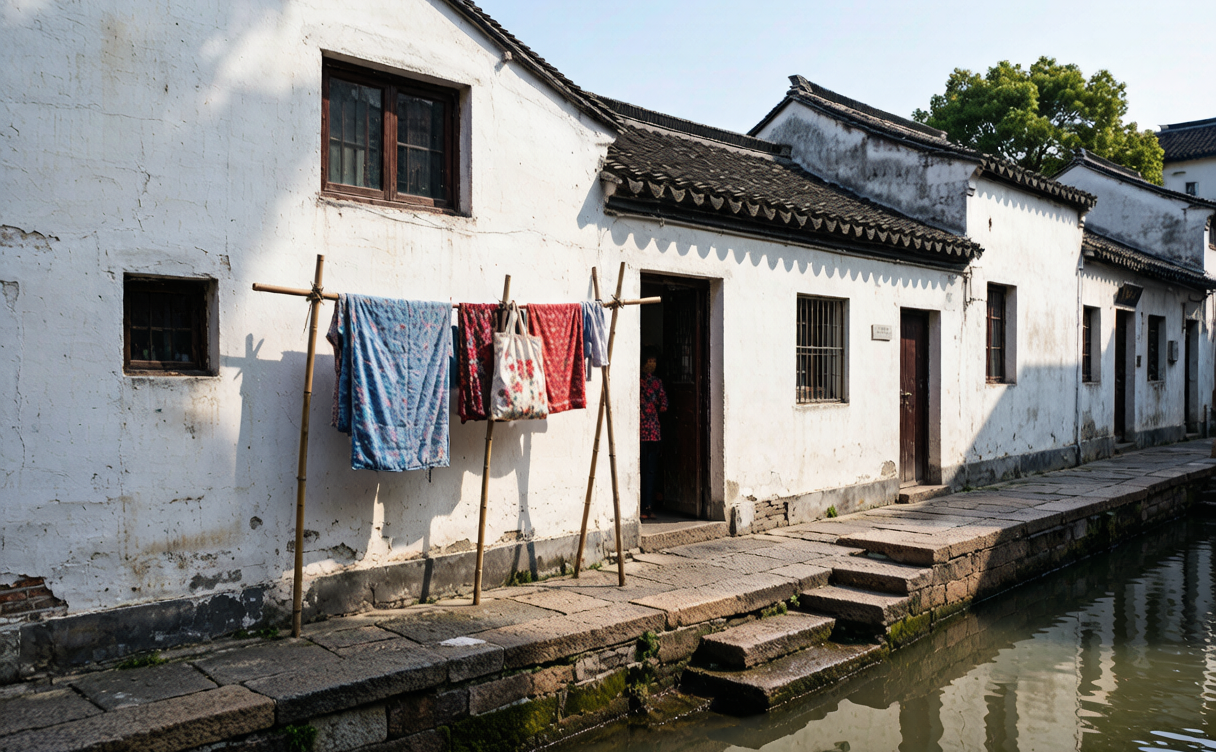 Narrow canal-side lanes with whitewashed houses laundry poles and stone landing steps in Jiangnan