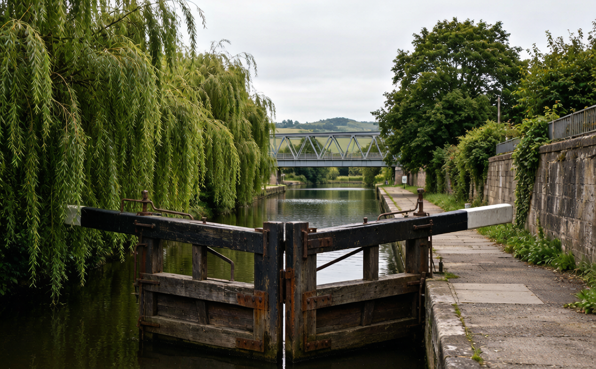 Lock gate and towpath with willows and a modern rail bridge in the distance in China