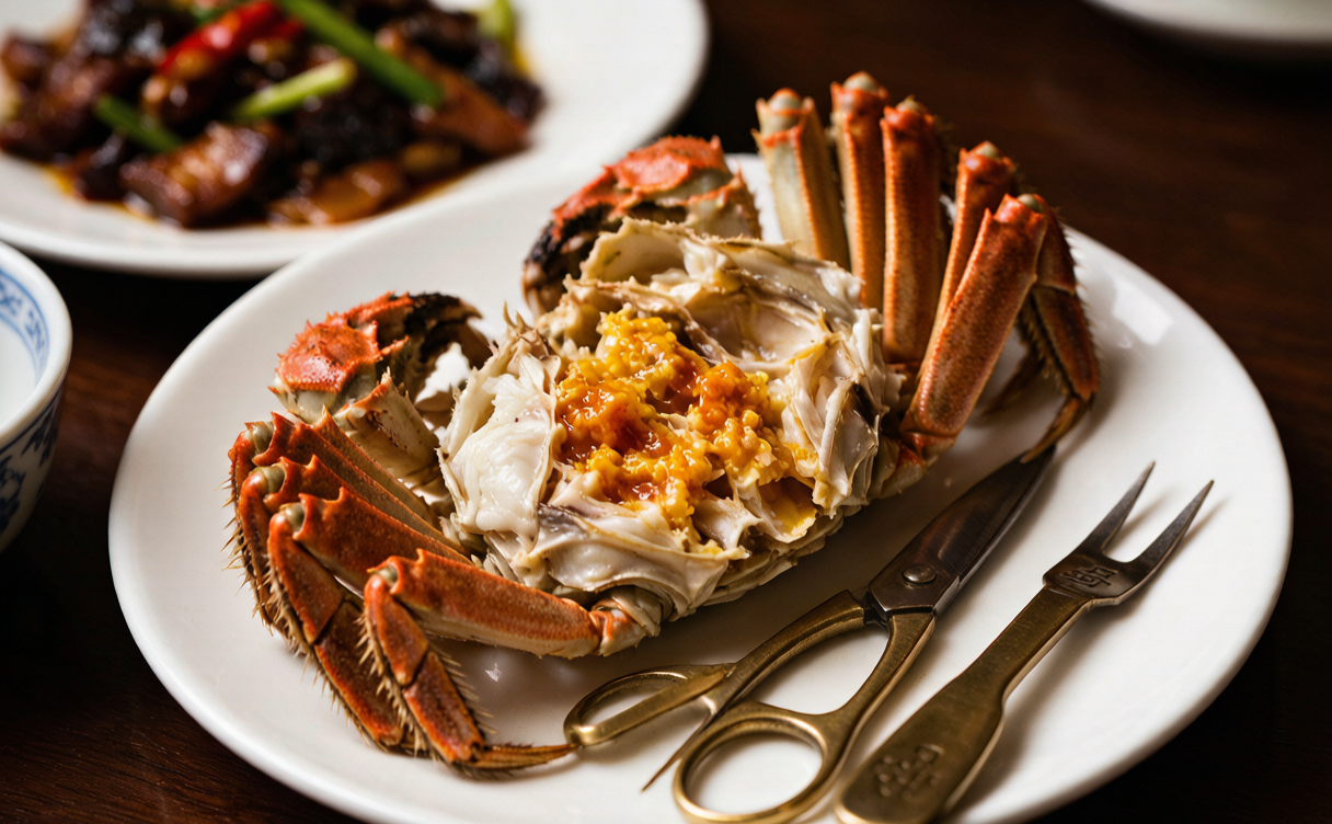 Hairy crab shell opened to show golden roe and tools