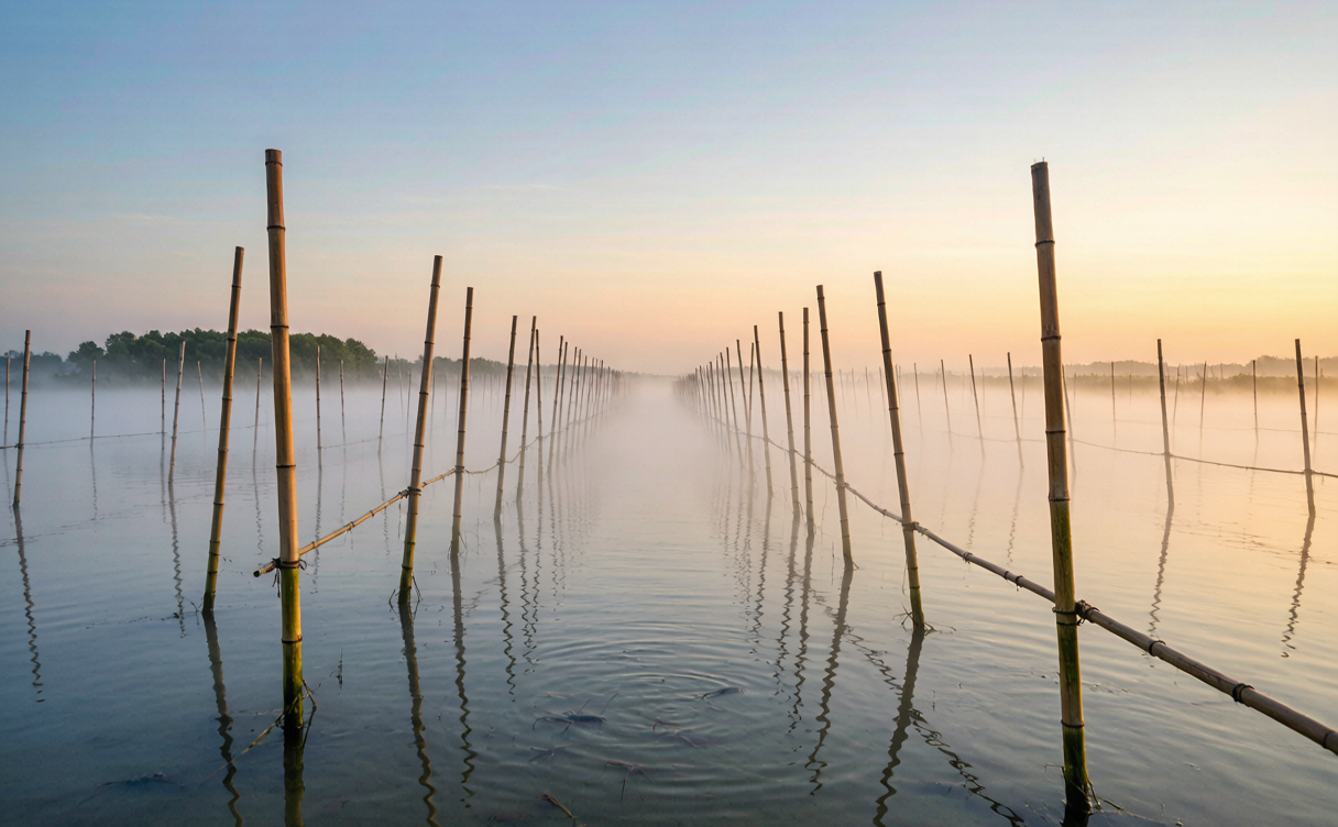 Yangcheng Lake hairy crab farm at dawn with bamboo enclosures