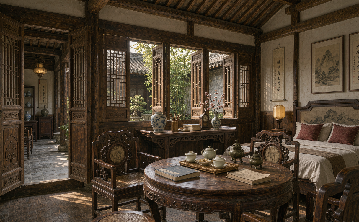 restored Beijing courtyard hotel with lanterns