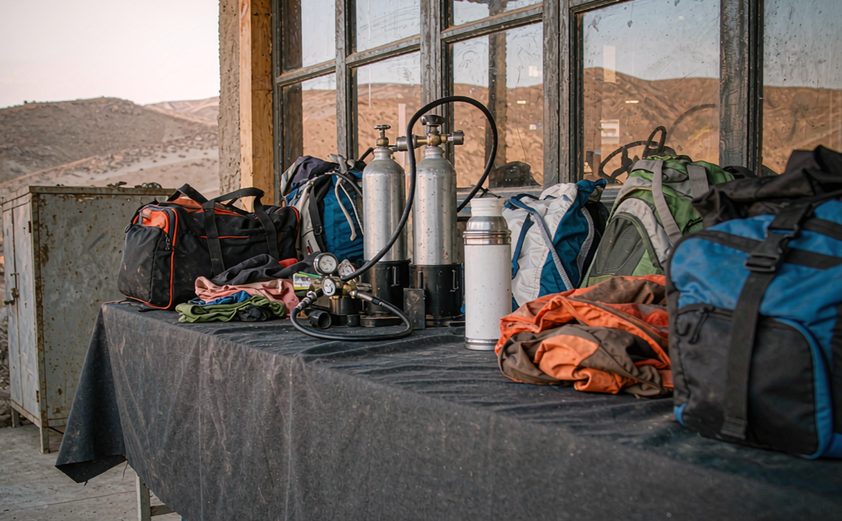 Altitude hiking preparation with warm gear, oxygen and water filter on a Chinese plateau trek