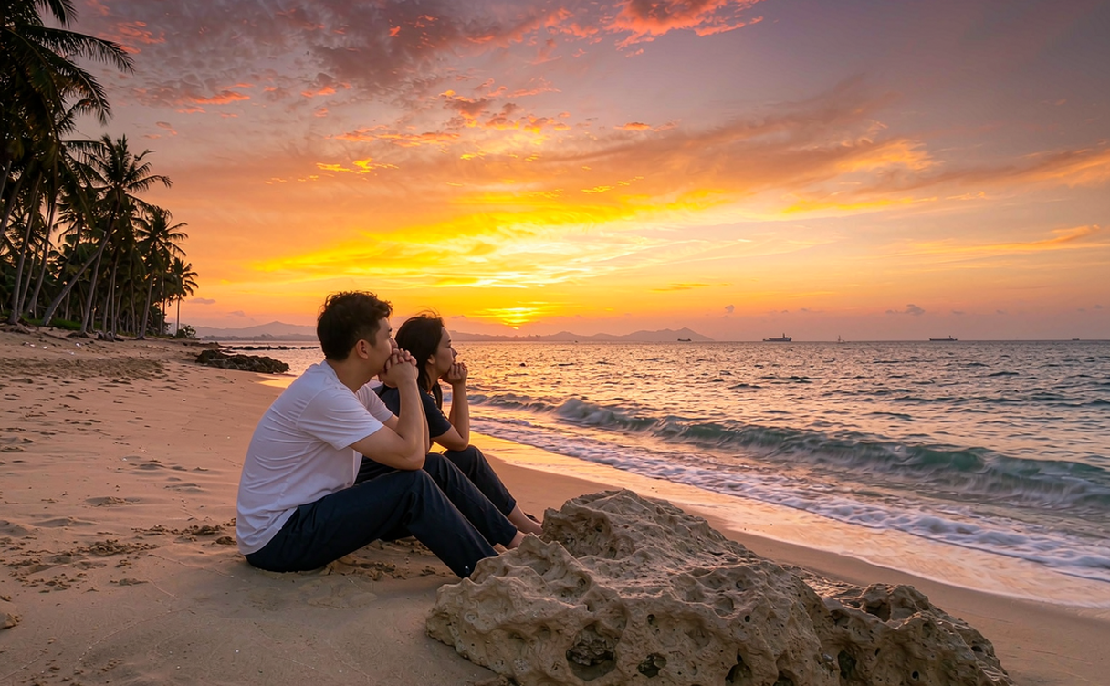 Couple walking along a lakeshore at sunset with hills behind