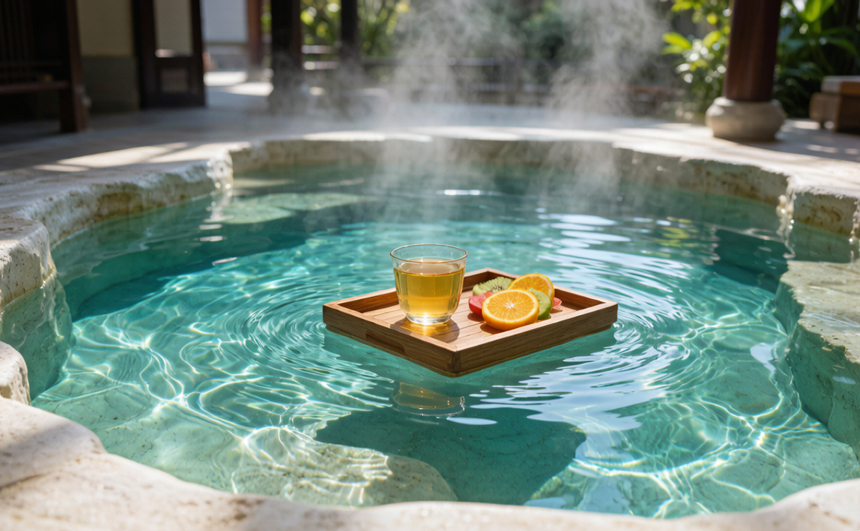 Steaming sulfur hot spring pool at a Tengchong resort in Yunnan